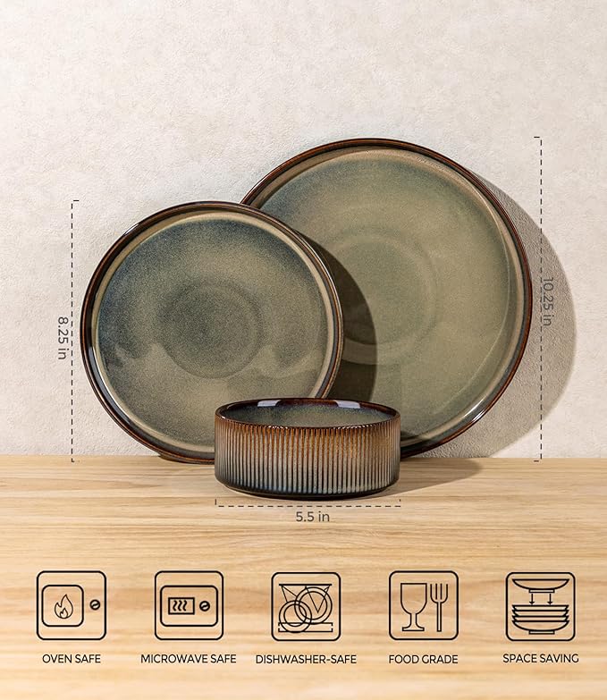 TheTerra Ceramic Dinnerware Sets for 4, 12 Pieces Porcelain Lightweight Speckled Plates and Bowls Sets, Scratch Resistant Dish Set, Oven & Microwave & Dishwasher Safe, Brown