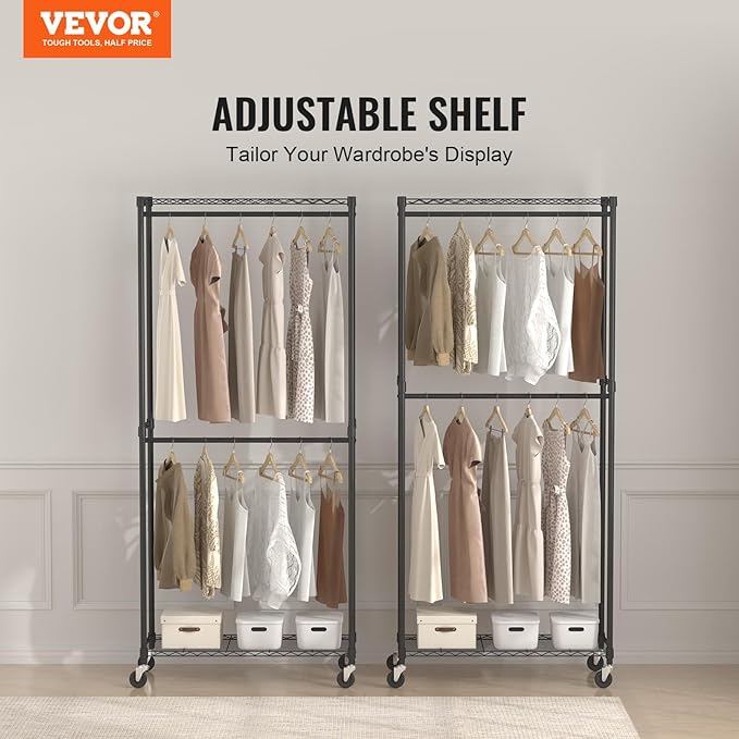 VEVOR Clothing Garment Rack, Heavy Duty Closet Wardrobe, Adjustable Tiers Clothes Racks with Steel Frame, for Bedroom, Clothing Store, Hallway