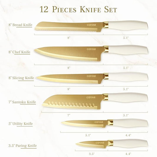 CAROTE 12PCS Kitchen Knife Set, Healthy Gold Titanium Coating Knife Set, Dishwasher Safe with 6 Blade Guards, Rustproof Stainless Steel Cutlery Set, White and Gold
