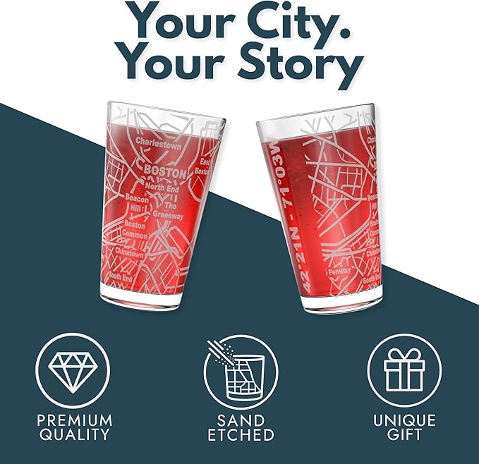 Greenline Goods – Boston, MA Map Pint Beer Glasses (Set of 2), 16 oz – Etched Wrap Design