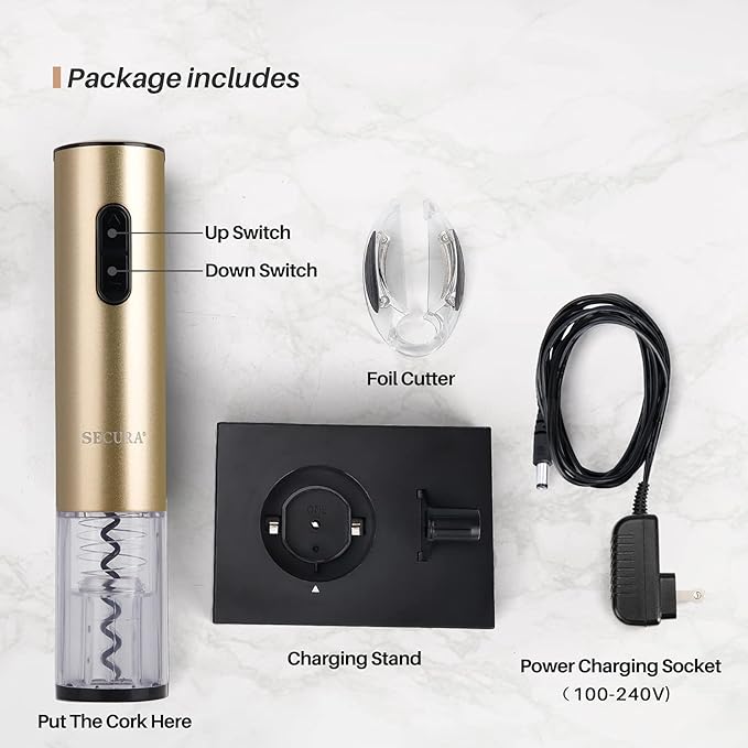 Secura Electric Wine Opener, Automatic Bottle Corkscrew Opener with Foil Cutter, Rechargeable (Champagne Gold)