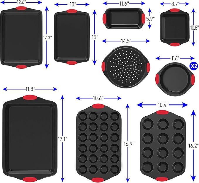 NutriChef 10-Piece Nonstick Kitchen Oven Baking Pans - Premium & Stylish Non-Stick Carbon Steel - Commercial Grade Restaurant Quality Metal Bakeware with Silicone Handles - Easy to Clean, NCSBS10S