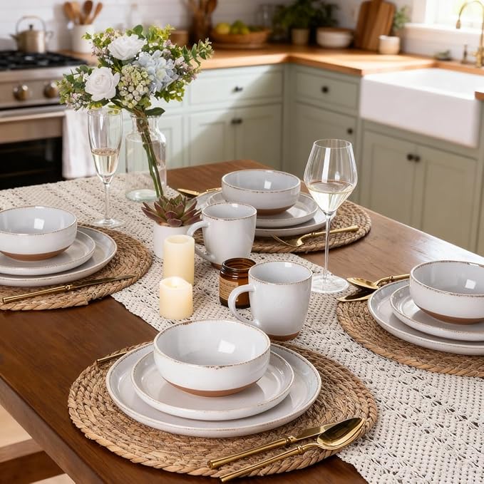 AmorArc 24 Pieces Ceramic Dinnerware Sets for 6, Handpainted Plates and Bowls Set with Rustic Terracotta Underside, Scratch Resistant Stoneware Dishes Set, Dishwasher & Microwave Safe, White