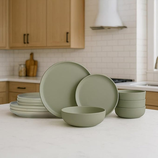12-Piece Stoneware Dinnerware Set with Mugs | Microwave and Dishwasher Friendly | Stackable Matte Glaze Plates & Bowls | Service for 4