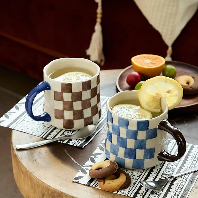 Retro Checkered Ceramic Coffee Mug 16Oz - Extra Large Handle, Microwave Safe Vintage Patterned Tea Cup for Home-4pack