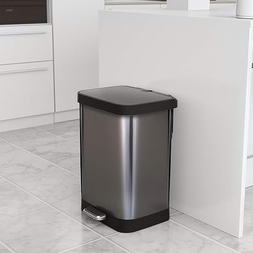 Glad Stainless Steel Step Trash Can with Clorox Odor Protection | Large Metal Kitchen Garbage Bin with Soft Close Lid, Foot Pedal and Waste Bag Roll Holder, 13 Gallon, Pewter