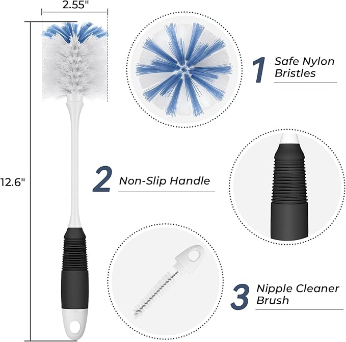 Amazer Bottle Brush Cleaner, Long Flexible Handle Bottle Brush Scrub for Water Bottles, Glasswares, Tumblers, Travel Coffee Mugs, 2 Pack