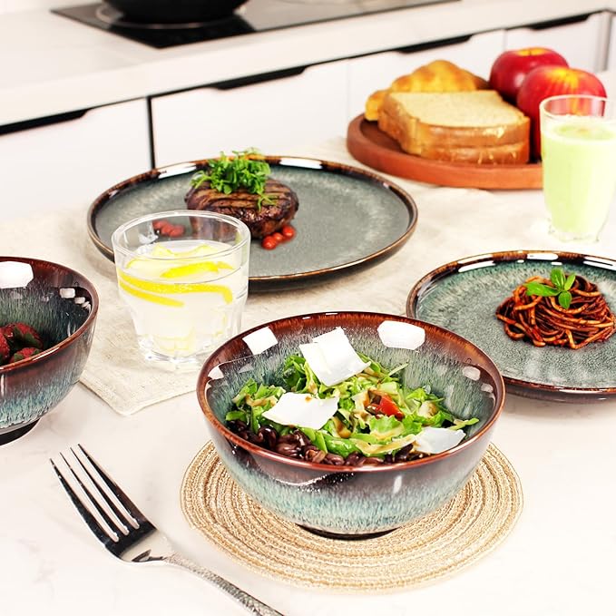 Dinner Set 12 Pieces - Round Reactive Glaze Tableware - Kitchen Dinnerware Porcelain Crockery with Dinner Plate, Bowl and Soup Plate Service for 4, Microwave Dishwasher Safe, Set (No.1)