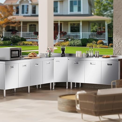 ZZV 59" x 21" Stainless Steel Table Cabinet for Prep & Work, Heavy Duty Prep Table with 3 Pull-Out Doors, Commercial Workbench with Cabinet for Kitchen, Restaurant, Hotel, Garage, and Warehouse