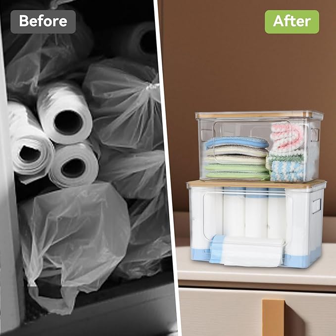 OTraki 3 Pack Trash Bag Holder Dispenser with Lid Plastic Garbage Bag Holder Dispenser Stackable & Wall-mounted, Trash Bags Dispenser Under Sink for Kitchen, Pantry Cabinet Organizer and Storage