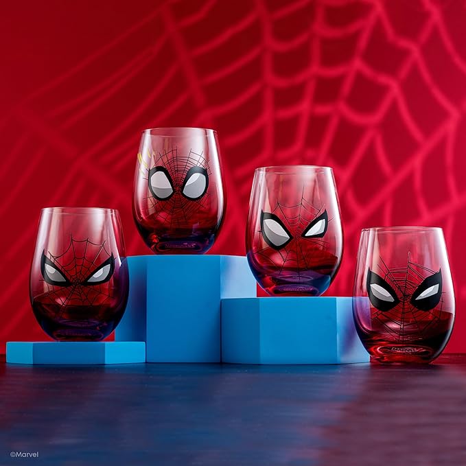 JoyJolt Marvel Spider-Man Spidey-Sense Stemless Drinking Glasses, 19oz Superhero Glass Tumblers, Set of 4 Drink Glasses, Marvel Gifts for Men and Women