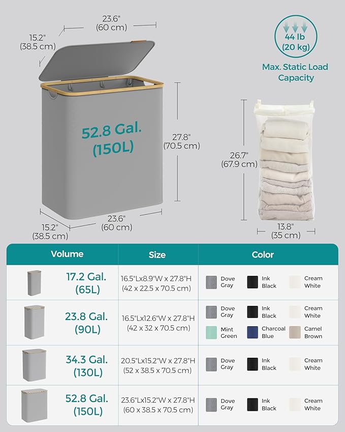 SONGMICS Laundry Hamper with Lid, 3-Section Large Laundry Basket, 52.8-gallon (150L), Removable Mesh Liner, Bamboo Handles, Collapsible, 23.6 x 15.2 x 27.8 Inches, Dove Gray ULCB515G01