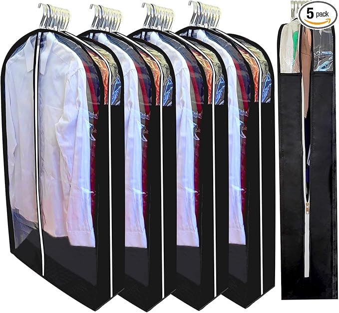 Suit Bags for Closet Storage with 6.3" Gusset, 40" Garment Bags for Hanging Clothes, Clear Side Zipper Suits Dust Proof Covers for Jacket, Coat, Sweater, Shirts, 5 Packs