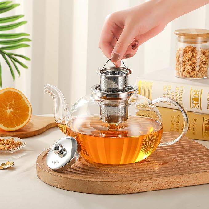 50OZ/1500ML Glass Teapot Set with 4 Teacups & Removable Stainless Steel Infuser, Stovetop & Microwave Safe Clear Tea Maker Water Kettle with 12OZ/360ML Tea Cups for Loose Leaf Blooming Tea