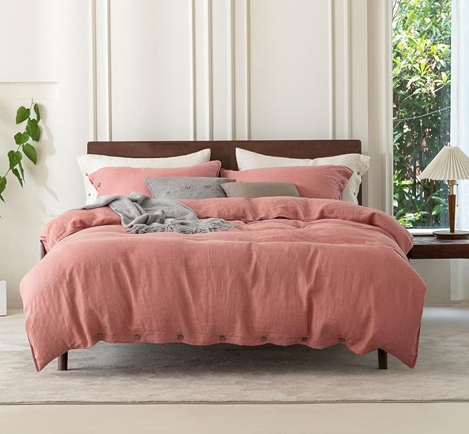 EVERLY 100% Pure Linen Duvet Cover Set King Size 104X90Inch 3pcs (1 Duvet Cover,2 Pillowcases) Soft and Breathable for All Season with Coconut Button Closure, Suitable for Hot Sleepers-Pink-King