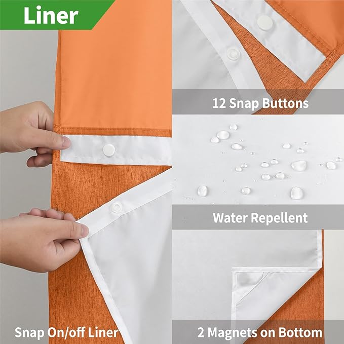 Extra Long No Hooks Needed Linen Textured Shower Curtain with Snap-in Fabric Liner Set,White Hotel Luxury Decor Shower Curtains for Bathroom,Waterproof & Washable,71Wx86H,Burnt Orange