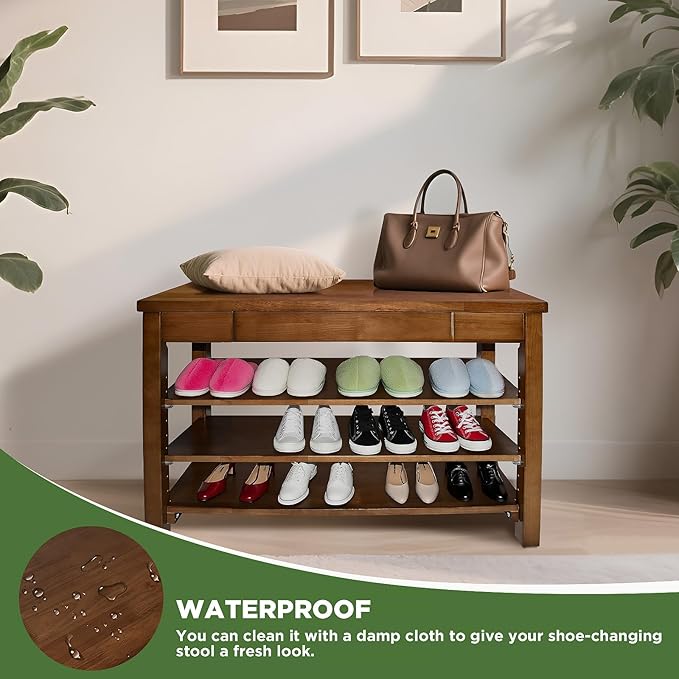 Shoe Storage Bench Wood Entryway: Shoe Rack Bench with Drawer 3-Tiers Height Adjustable,Rustic Wooden Organizer for Front Door Entrance Hallway Living Room,Mudrooms (Walnut 3-Tiers, 31.5")