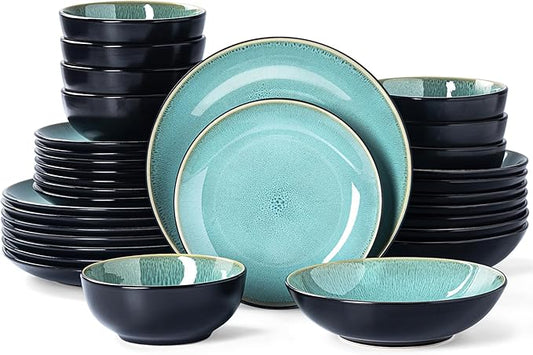 Plates and Bowls Sets for 8 - CJDC-QUELO 32-Piece Stoneware Dinnerware Sets, Ceramic Dishware Set for Indoor Kitchen Use and Formal Dining, Chip and Scratch Resistant Microwave Dishwasher Safe, Green