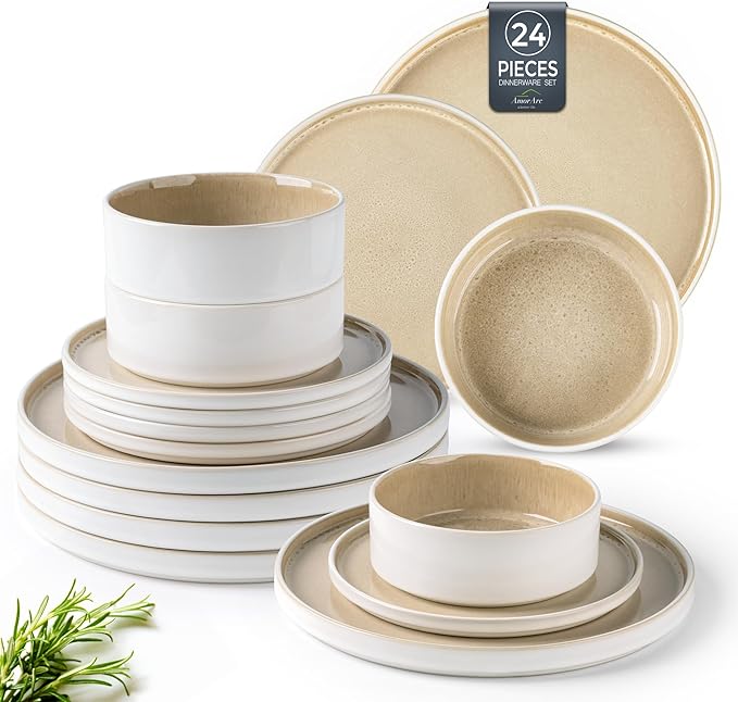AmorArc Ceramic Dinnerware Sets, Handmade Reactive Glaze Stoneware Plates and Bowls Sets,Highly Chip and Crack Resistant | Dishwasher & Microwave Safe Dishes Set, Service for 8 (24pc)