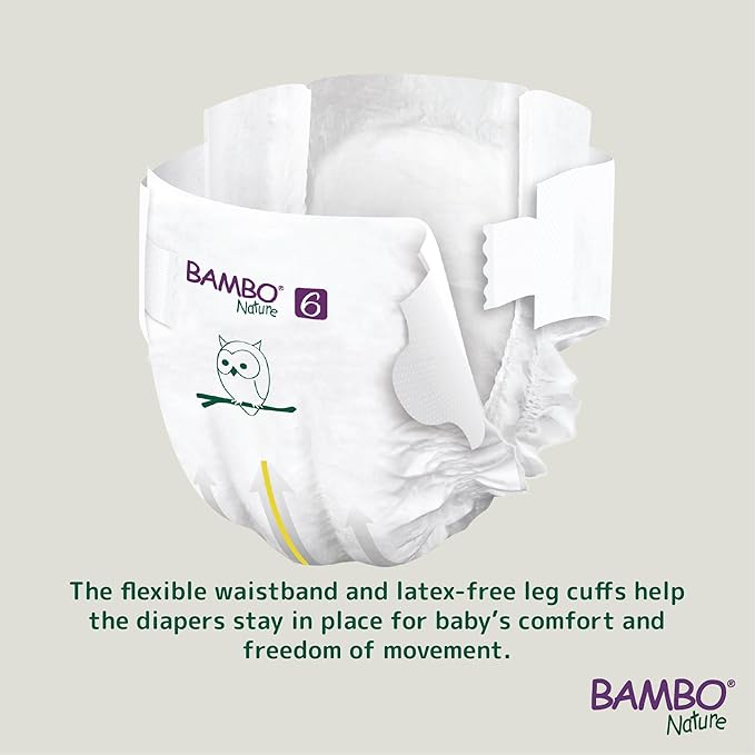 Bambo Nature Hypoallergenic Baby Diapers, Eco-Labeled Diapers, Enhanced Leakage Protection, Totally Chlorine-Free, Skin Friendly, and Super Absorbent - Size 6 (120 Count)