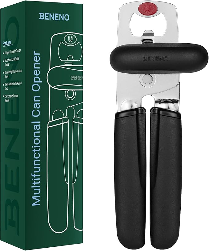 Beneno Upgrade Smooth-Operating Manual Can Opener with Magnet Lid Lifter, Ultra Sharp Steel Cutting Wheel & Easy Turn Knob, Comfort Grip Handles Effortless to Use, Multifunction Bottles Opener, Black