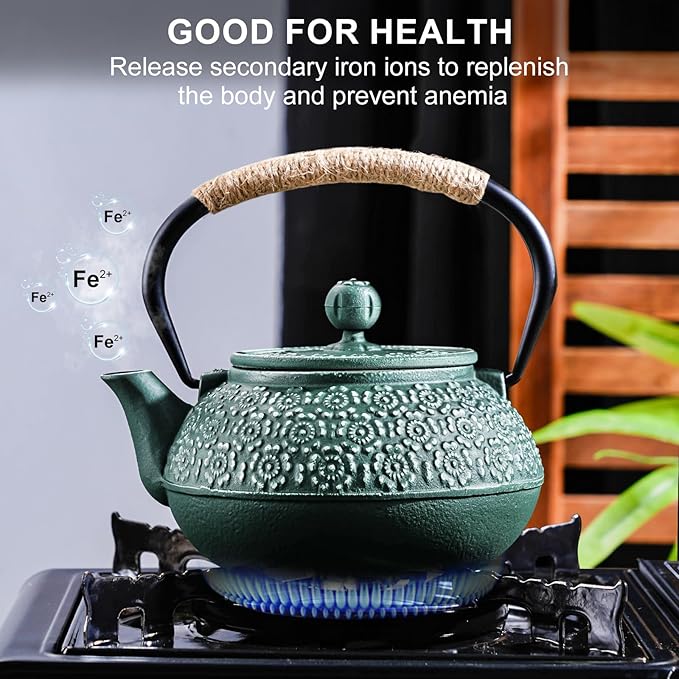 PARACITY Cast Iron Teapot Japanese 30.5 OZ,Tea Kettle Pot for Stove Top,Tea Pot with Stainless Steel Infusers for Loose Tea,Boiling Hot Water Tea, Mothers Day Gifts from Daughter/Son (Green)