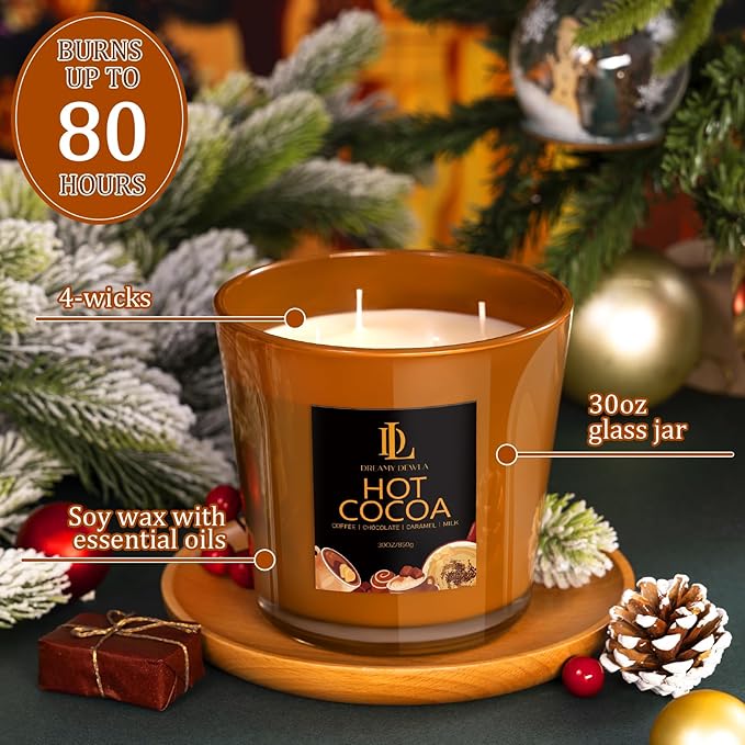 Large Christmas Candle Hot Cocoa Scented, 4 Wick Natural Soy Candles for Home Scented, 30oz Big Holiday Candle Long Lasting, Home Kitchen Scent Candles Christmas Gifts for Women Men