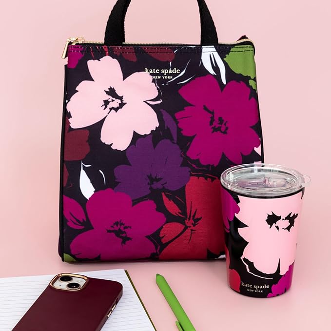 Kate Spade New York Cute Lunch Bag for Women, Large Capacity Lunch Tote, Adult Lunch Box with Silver Thermal Insulated Interior Lining and Storage Pocket (Painterly Blooms)