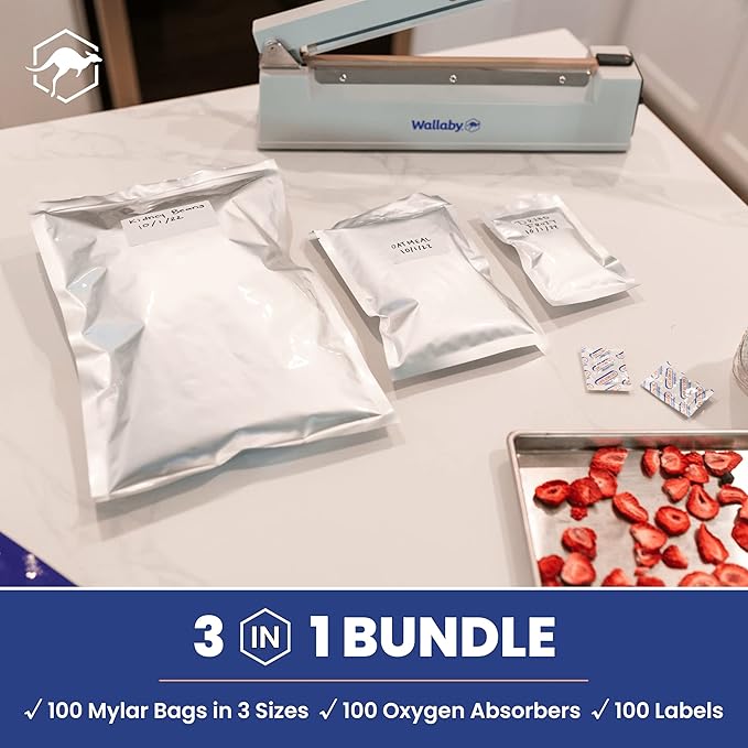 Wallaby 100ct Multi-Size Mylar Bags, 400cc Oxygen Absorbers, 10 Mil Thickness, 1-Gal 10x14, 1-Qt 8x12, 1/2-Pt 6x8, Heat-Sealable, Airtight, Flat, Silver, for Long-Term Food Storage.