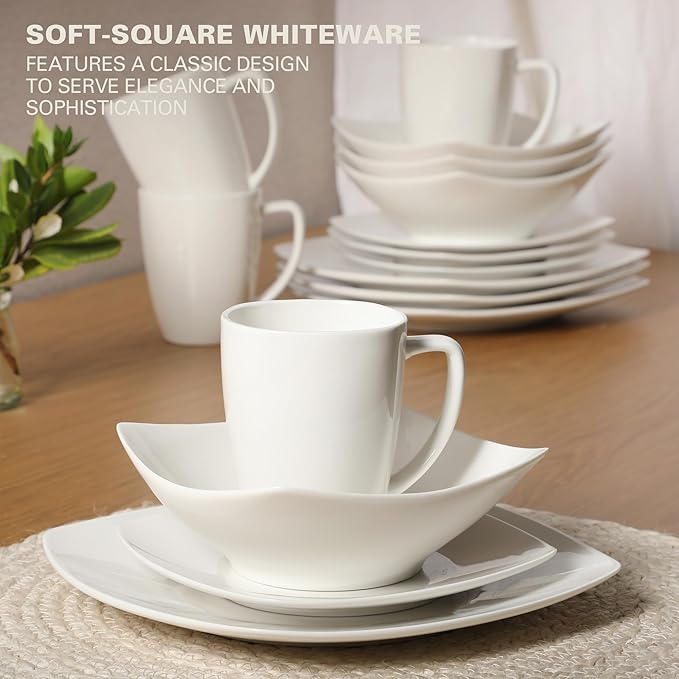 Gibson Home Zen Buffet Porcelain Chip and Scratch Resistant Dinnerware Plates, Bowls, and Mugs Set, Service for 4 (16pcs), White (Square Dishes)