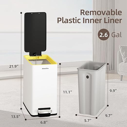 Stainless Steel Bathroom Trash can with lid,2.6 Gallon Trash can with Foot Pedal，Soft Close Small Bathroom Trash Can with Lid for Office, Bedroom, Toilet, Live Room(White)