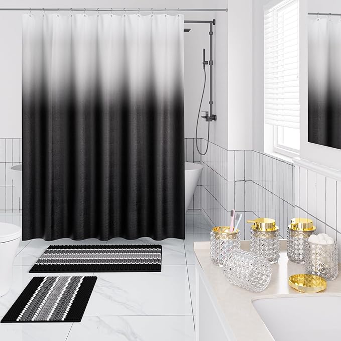 Bathroom Sets with Shower Curtain and Rugs and Accessories, Glass Bathroom Accessories Set Clear Bathroom Set Bathroom Sets, Black Bath Mat and Diamond Soap Dispenser for Bathroom Decor