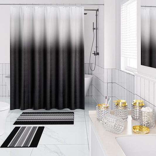Bathroom Sets with Shower Curtain and Rugs and Accessories, Glass Bathroom Accessories Set Clear Bathroom Set Bathroom Sets, Black Bath Mat and Diamond Soap Dispenser for Bathroom Decor