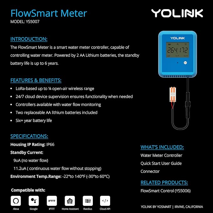 YoLink FlowSmart NSF Smart Water Monitor and Leak Detection: 1 Inch Advanced Smart Home Water Meter, Hub Included