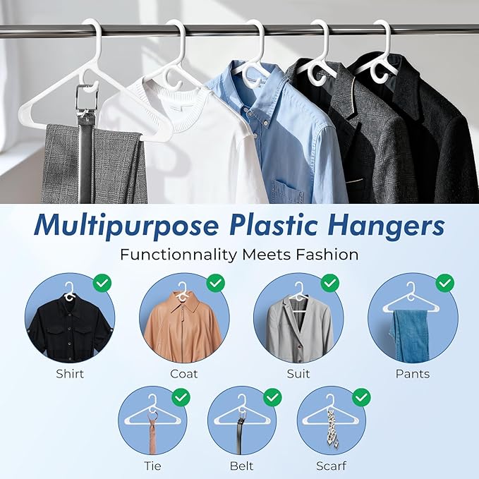HOUSE DAY Quality Plastic Clothes Hangers 24 Pack – Super Heavy Duty 20lb Capacity Thick Strong Closet Hangers White for Adult Clothing – Durable for Coats, Jackets, Jeans, Pants