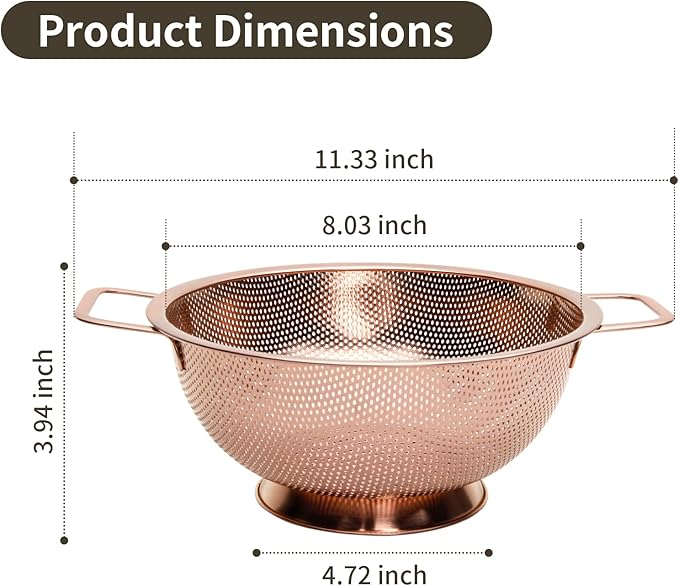 Colander 3-Quart with Handle, Food Metal Strainer for Kitchen Sink, Pasta Pot for Noodles Vegetables and Fruits, Stainless Steel, Rose Gold