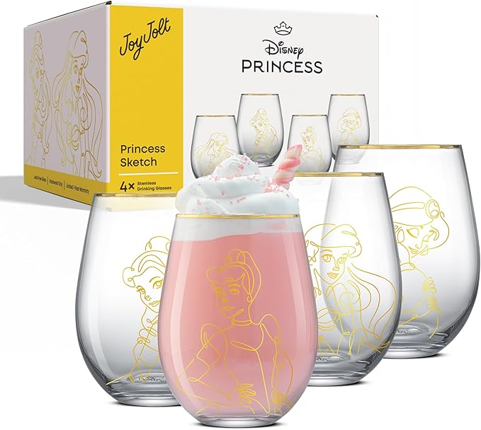 JoyJolt Disney Princess Sketch Stemless Drinking Glasses, 19oz Glass Cups ft Princess Jasmine Ariel Belle Cinderella, Disney Princess Kitchen Glassware Set of 4, Disney Gifts for Adults
