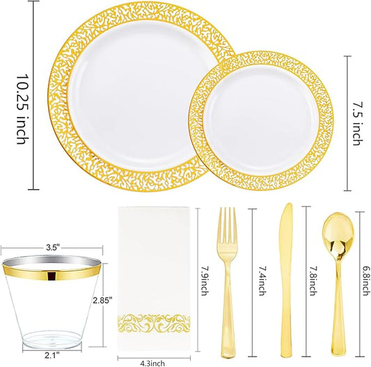 bUCLA 350PCS Gold Plastic Plates Disposable - Gold Plastic Dinnerware Set Include 50 Dinner / 50 Dessert Plates, 50 Forks, 50 Knives, 50 Spoons, 50 Cups, 50 Napkins for Party & Thanksgiving