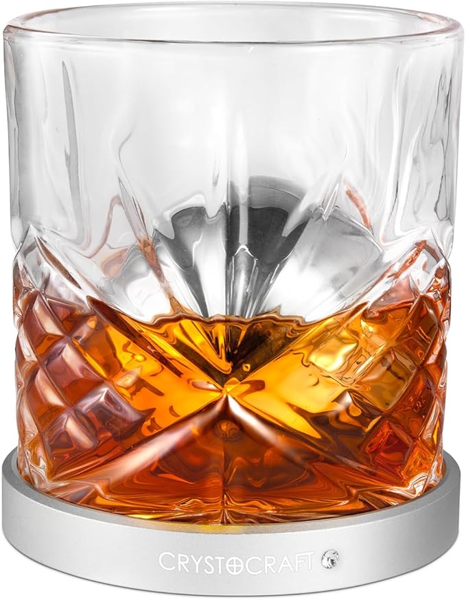 Crystocraft Whiskey Glass with Rotating Aluminum Coaster and 316 Stainless Steel Ice Ball, Spinning Cocktail Glass with Reusable Chilling Stone for Bars, Restaurants, Party, Home