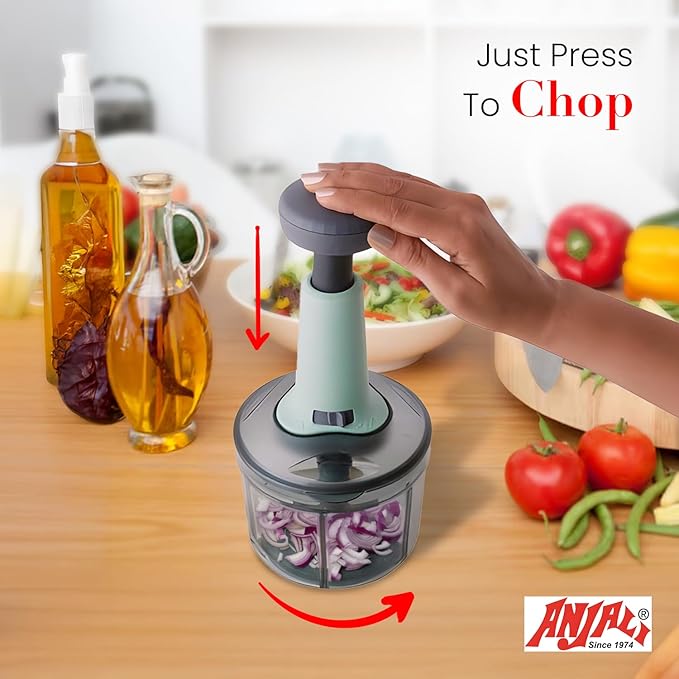 Anjali Food Chopper, Deluxe Large Handheld Vegetable Chopper for Onion, Garlic, Nuts & More | Manual Push Cutter with Stainless Steel Blades | Dishwasher-Safe