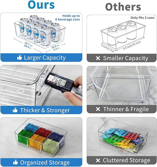 Pantry Organizers and Storage, 4 Pack Snack Organizer for Pantry Shelf,Food Storage Bins with Divider,Clear Containers for Organizing,Transparent Plastic Basket,Refrigerator and Fridge Bins