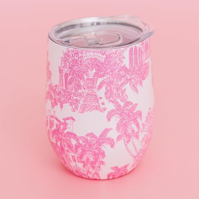 Lilly Pulitzer 12 Oz Insulated Tumbler with Lid, Yellow/Green Stainless Steel Travel Wine Glass, Double Wall Metal Cup (Palm Beach Toile)