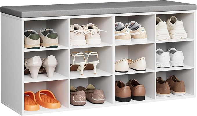 12-Cubby Shoe Rack with Cushion, 3-Tier Wood Shoe Organizer, Multifunctional Shoe Organizer Bench for Entryway, Mudroom, Hallway, Closet,36.22 * 11.81 * 17.7 Inch, White