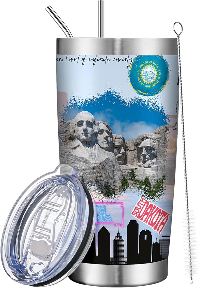 20oz Insulated Tumbler South Dakota State Coffee Mug, United States Map Travel Mug Landmark, Birthday Gifts Cute Custom Tumbler Cups with Lid and Straw Gifts for Mom