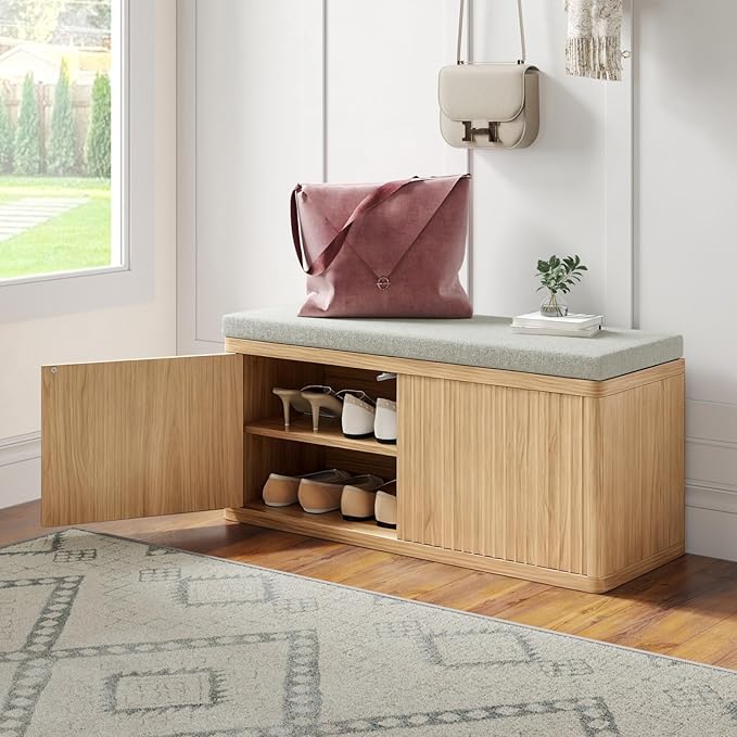 Entryway Shoe Storage Bench with 2" Cushion, 37.4" Small Bench with Shoe Rack, Cabinet Organizer for Hallway，Bedroom End of Bed,Light Oak