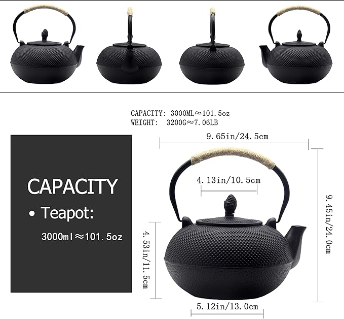 YJX 101 fl oz Extra Large and Heavy Cast Iron Teapot for Stovetop Safe, Black Tea Kettle with Stainless Steel Tea Balls for Loose Tea, Cast Iron Tea Pot for 6 to 10 People, 3000ml Japanese Tetsubin