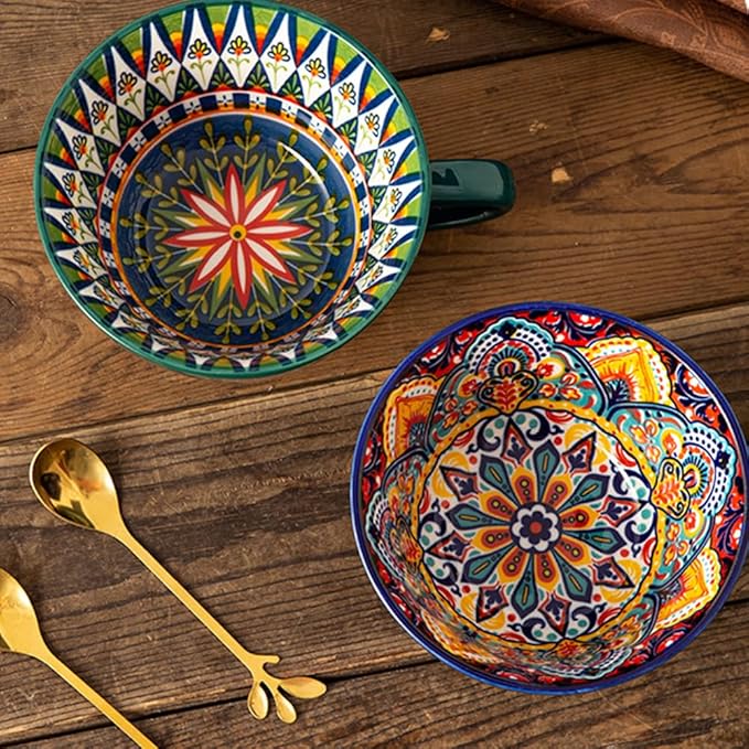 Bohemian Hand-Painted Ceramic Mug, 15 Oz Large Coffee Cup for Milk, Tea, and Breakfast, Dishwasher & Microwave Safe Artisan Cup, Navy Blue