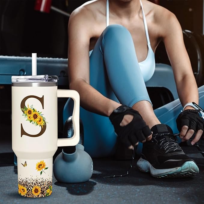 Personalized Birthday Gifts For Women - Sunflowers Monogrammed Cup For Boss Day, Christmas - Customized Gifts For Women, Mom, Wife, Coworkers, Boss Lady, Her - Custom Tumbler With Handle 40oz
