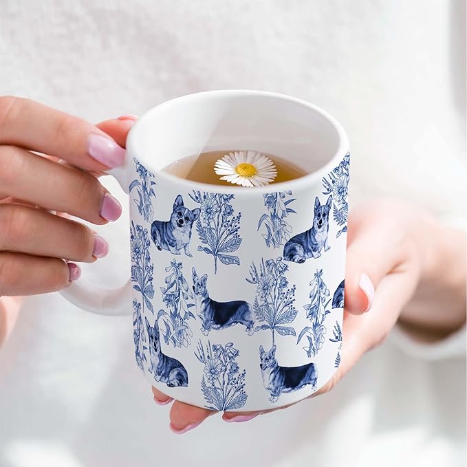 Corgi Blue French Toile Coffee Mug, Corgis Lover Gifts for Women, Blue Toile Coffee Cup for Corgi Mom, Dog Lovers Tea Coffee Mug Birthday Gifts for Dog Owners, 11 oz