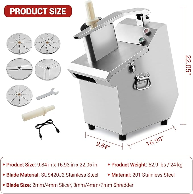 Commercial Food Processor 550W with 2 Feeding Holes, Stainless Steel Electric Vegetable Processor Detachable 5 Blades 3mm/4mm/7mm Shred and 2mm/4mm Slice